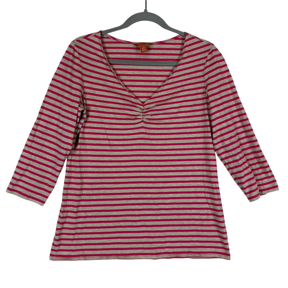 Tommy Bahama Shirt Womens Large Pink Gray Stripe V Neck 3/4 Sleeve Ruched Jersey